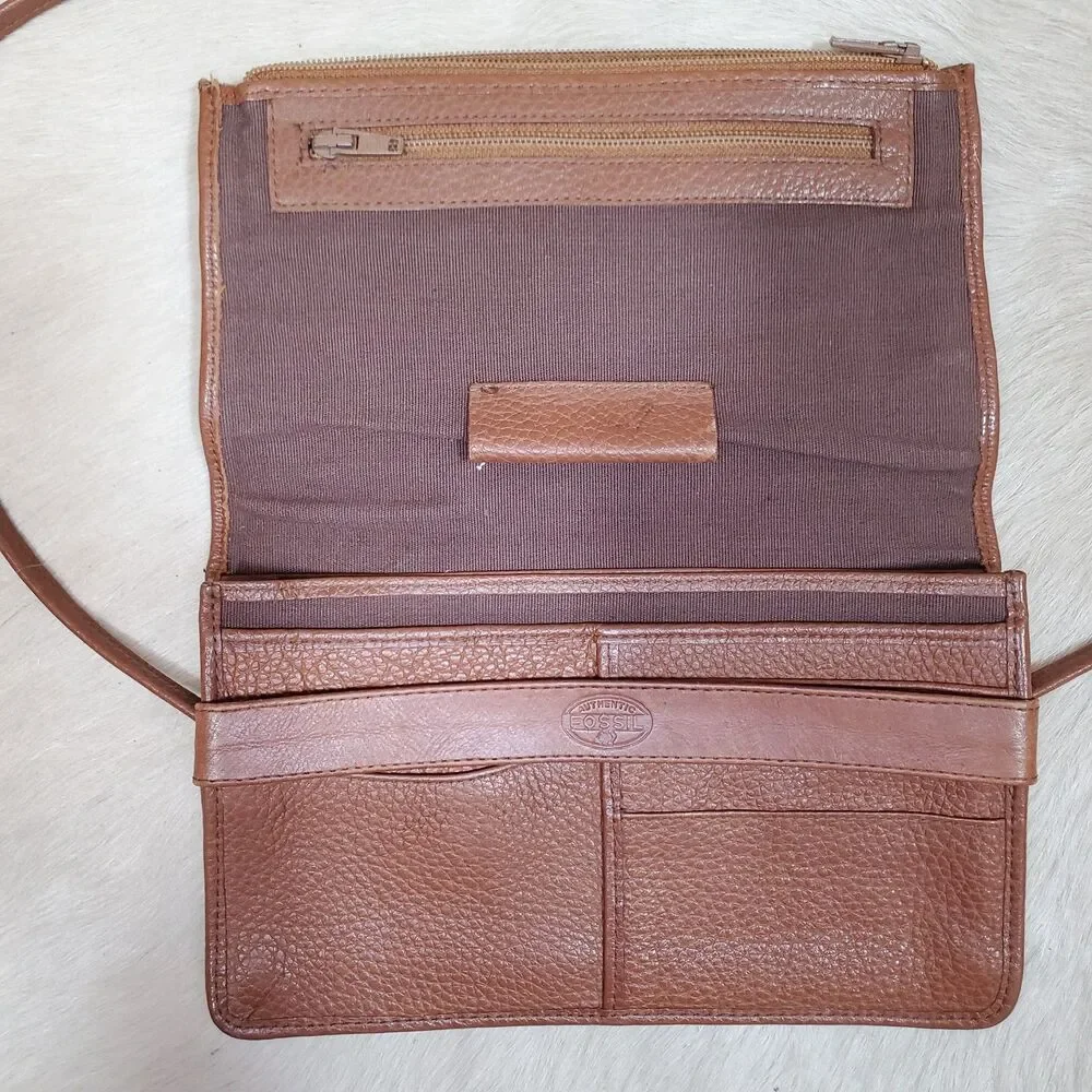 Fossil Women’s Crossbody Bag Small Brown Leather Envelope Purse Organizer Casual